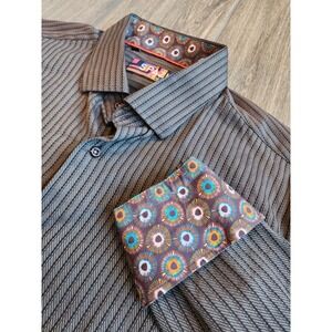 SPAZIO UOMO Mens Brown Pinstripe Dress Shirt Geometric Print Collar Cuffs Size M